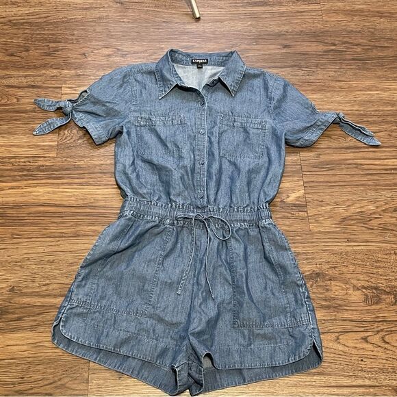 Express Denim Lightweight Short Sleeve Shorts Romper Pockets Blue Size XS - Picture 6 of 13